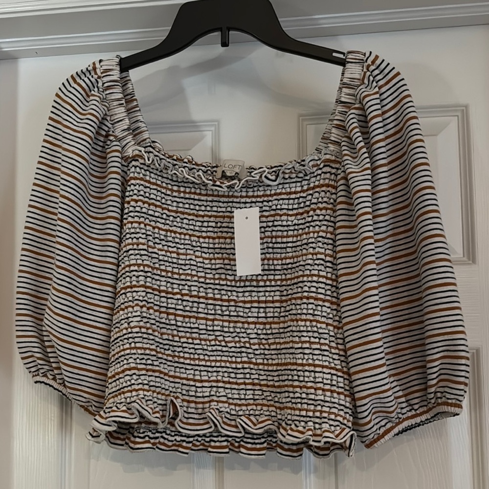 LOFT Black and White Puff Sleeve Smocked Blouse